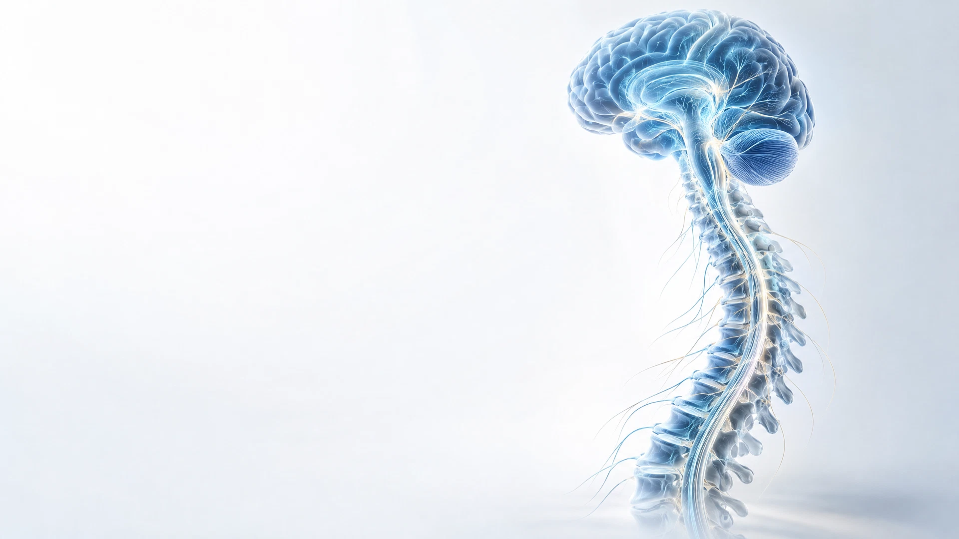 Illustration médicale stylisée du cerveau et de la colonne vertébrale, sans représentation du médecin.